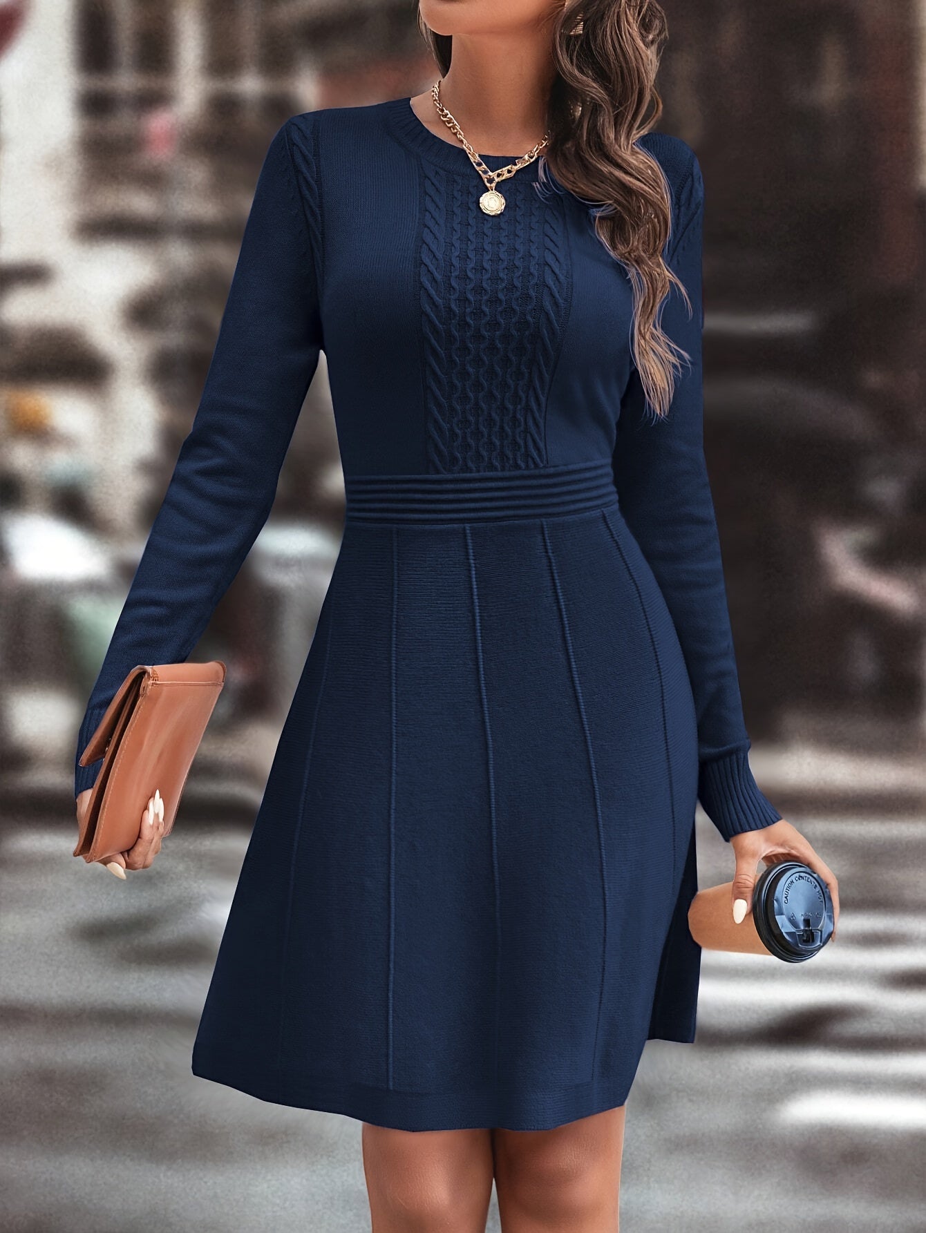Women's Autumn/Winter Knit A-Line Dress Slim Round Neck Casual Elegant for Date & Daily Wear