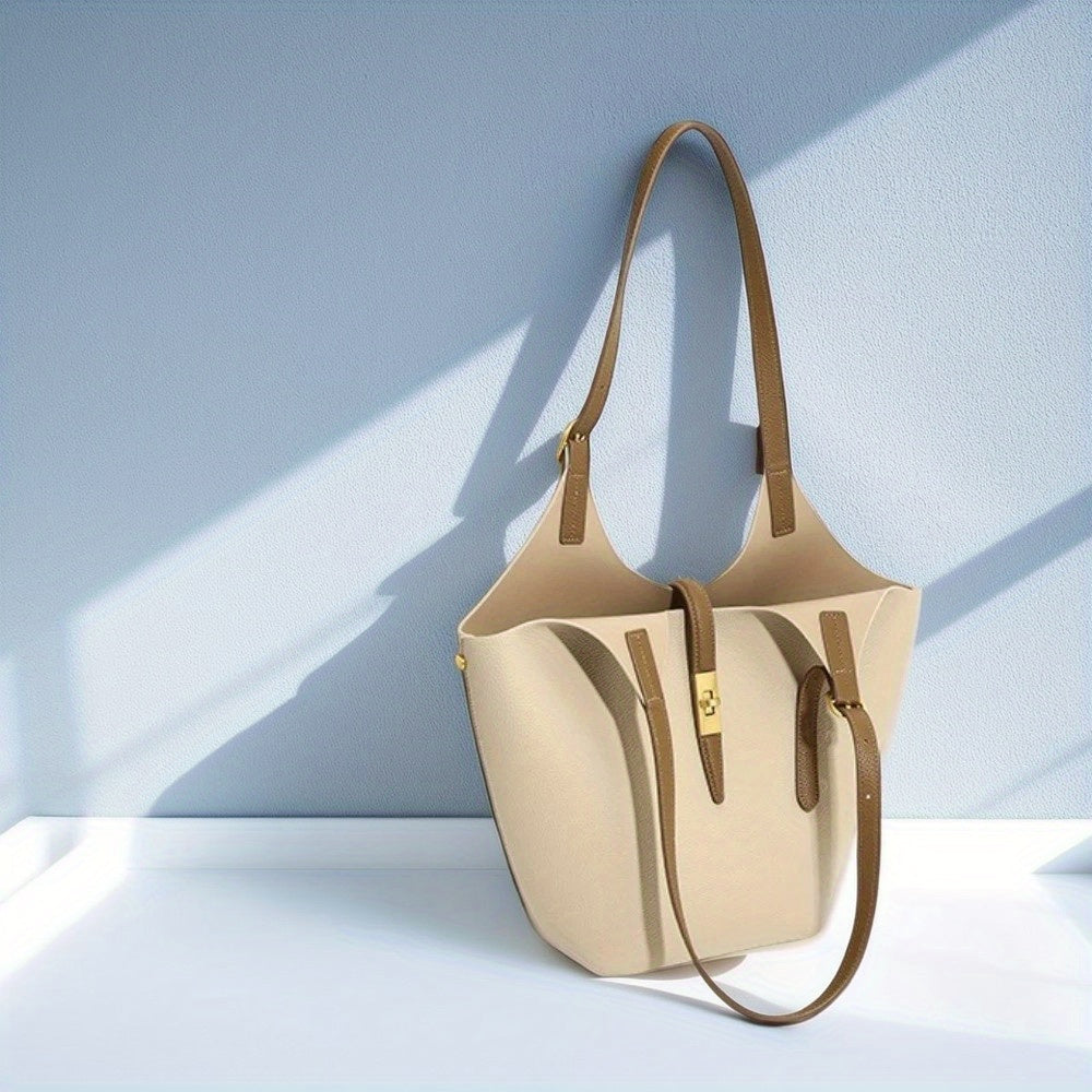 Women's Khaki PU Bucket Bag - Large Capacity Shoulder, Handheld & Crossbody Handbag with Tartan Pattern