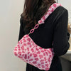 Women's Leopard Print Fluffy Shoulder Bag with Gold-Tone Chain Strap – Crossbody Zipper Purse, Polyester-Lined