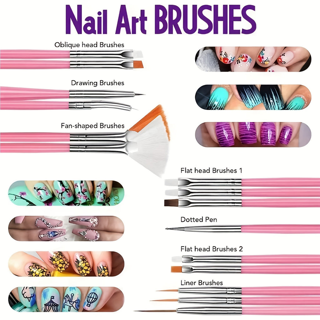 15-Piece Nail Art Brush Set with 5 Dotting Pens, Rhinestones, Sequins, Foils & Tweezers – Nail Design Kit