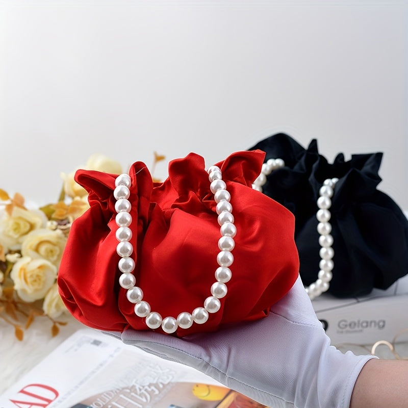 Mini Drawstring Bucket Bag with Pearl Decor – Women's Elegant Banquet Wristlet Handbag