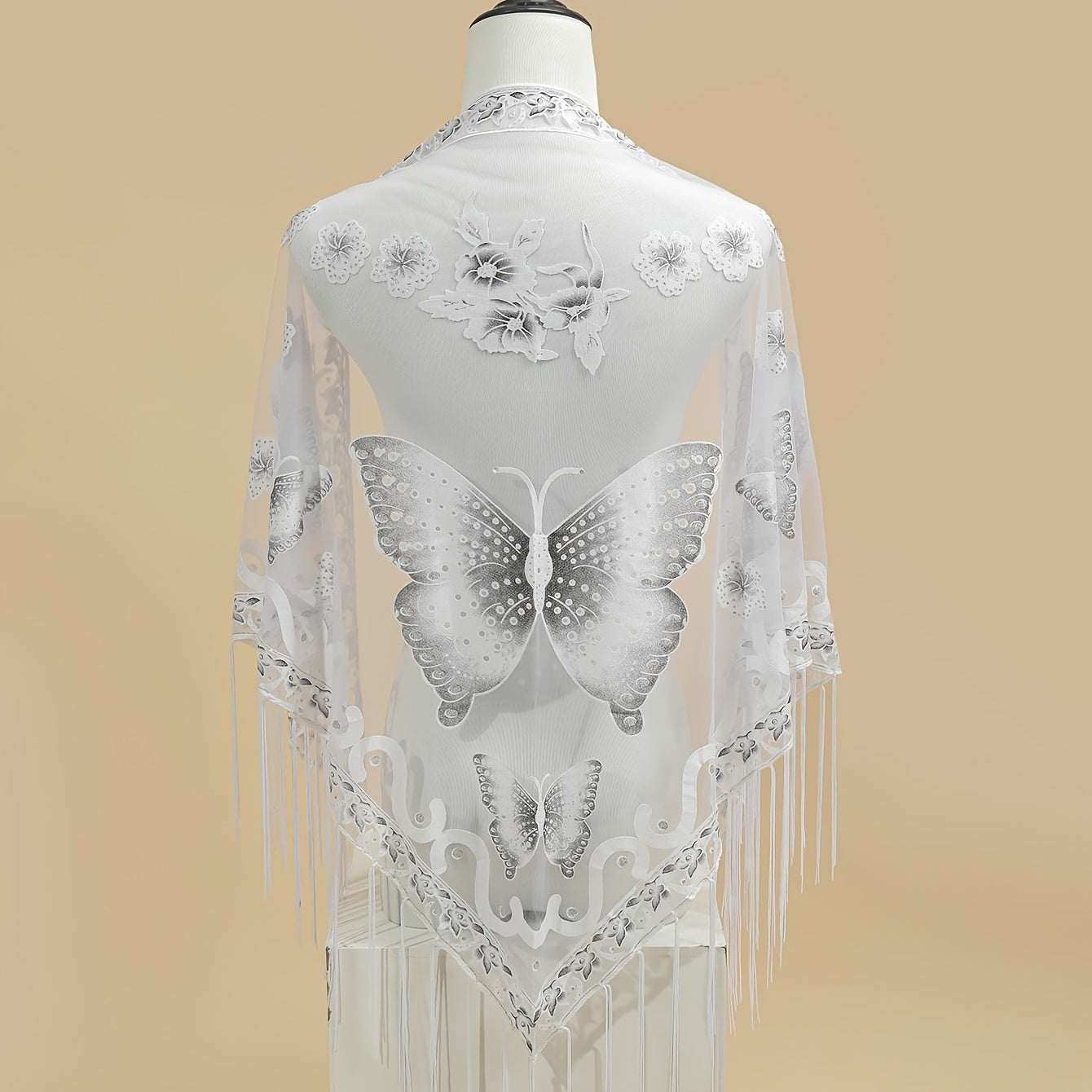 Breathable Embroidered Triangle Scarf 29.5 in x 55.1 in (75 x 140 cm) Lace Tassel Shawl Wrap