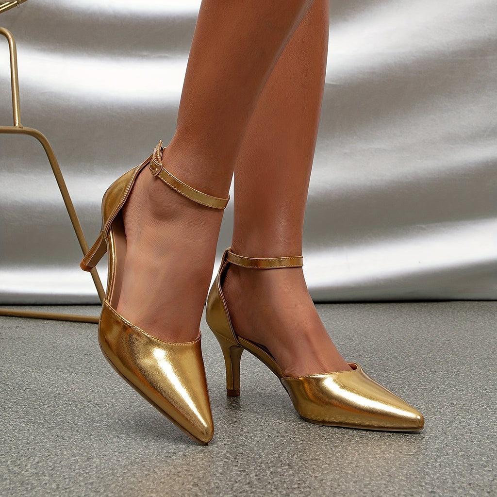 Elegant Golden Stiletto Heels - Women's Pointed-Toe Ankle Strap Pumps with Buckle, Synthetic Upper & Rubber Sole