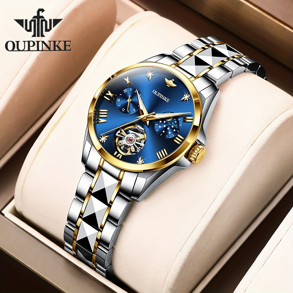 OUPINKE Women's Automatic Mechanical Dress Watch – Luminous Hands, Blue Dial with Gold Markers, Stainless Steel Case & Bracelet
