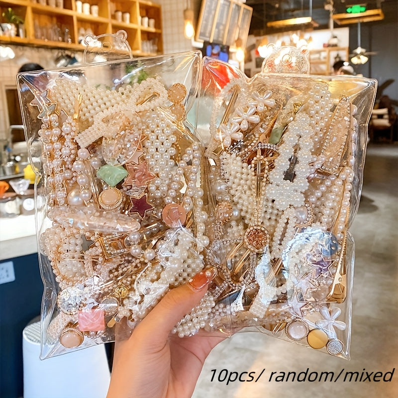 Pearl Bow Hair Clips Set – 10-Pack Korean Style Plastic Bow Barrettes with Duckbill Grips for Women