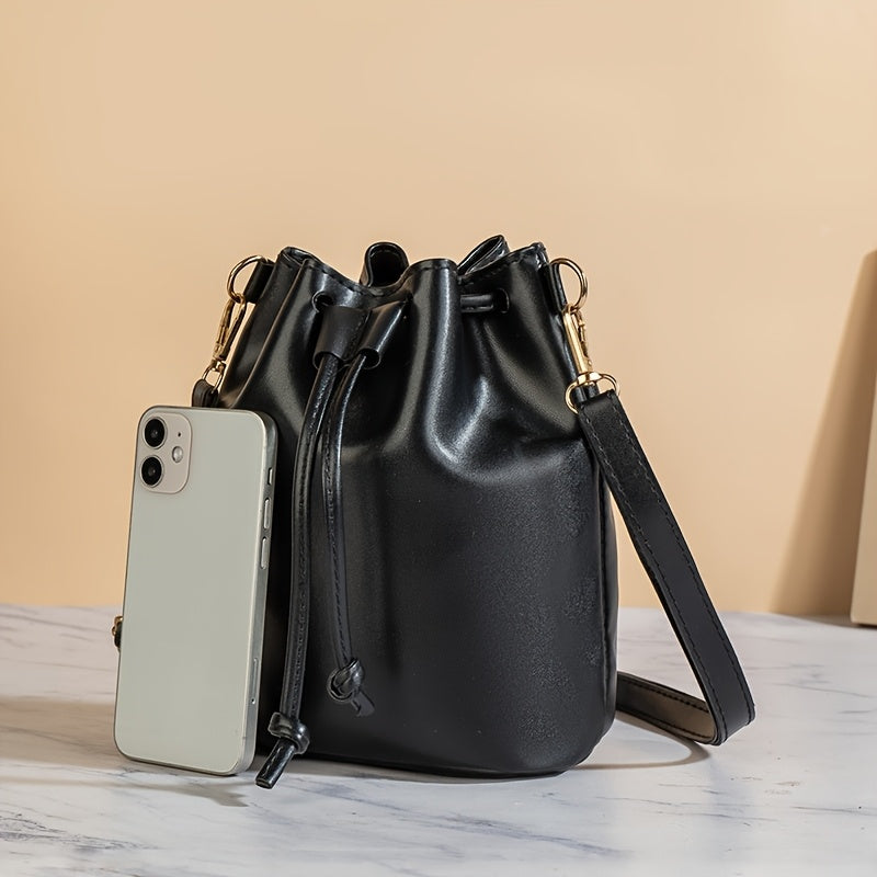 Women's Black Adjustable Crossbody Bucket Bag - Drawstring Closure Minimalist Shoulder Purse