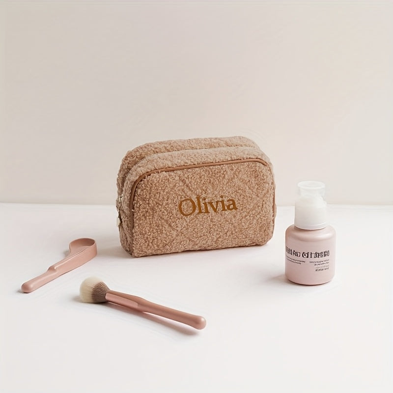 Personalized Embroidered Fuzzy Quilted Cosmetic Bag - Custom Makeup Pouch with Zipper & Shoulder Strap for Women