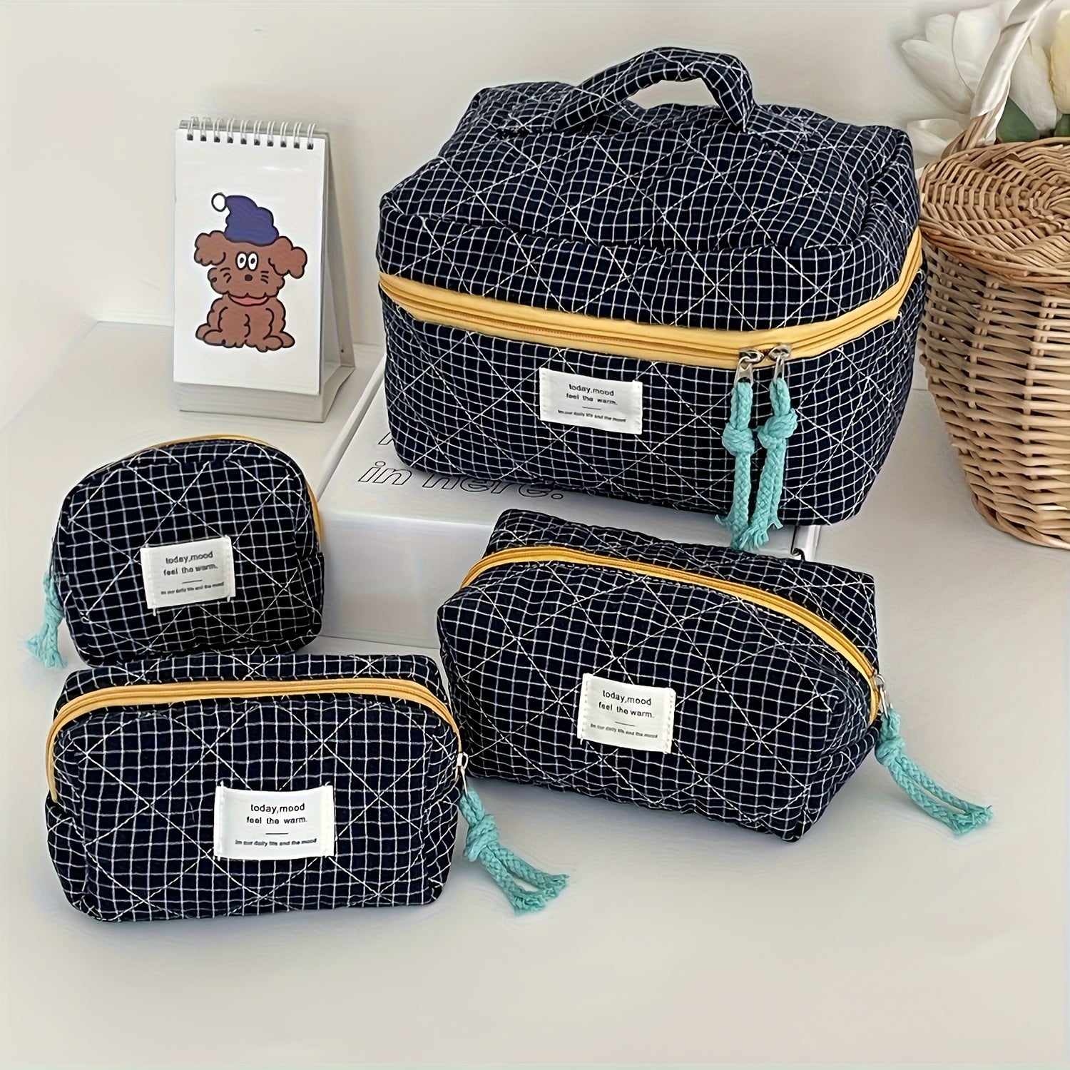 4-Piece Classic Plaid Makeup Bag Set - Minimalist Color-Block Large Capacity Travel Cosmetic Organizers for Women