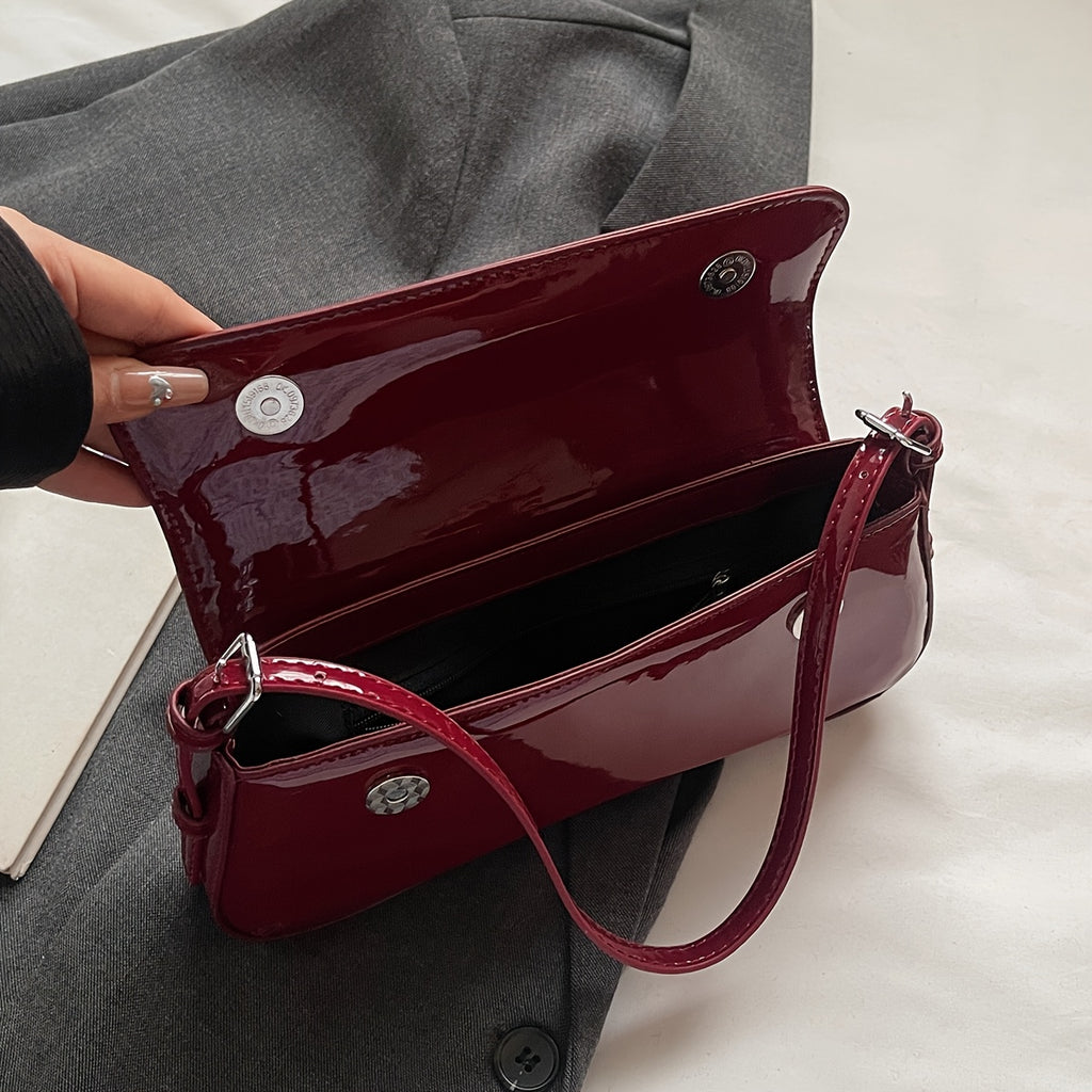 Burgundy PU Baguette Shoulder Bag - Adjustable Strap, Magnetic Closure, Two-Tone Hardware, Glossy Purse for Office & Date Night