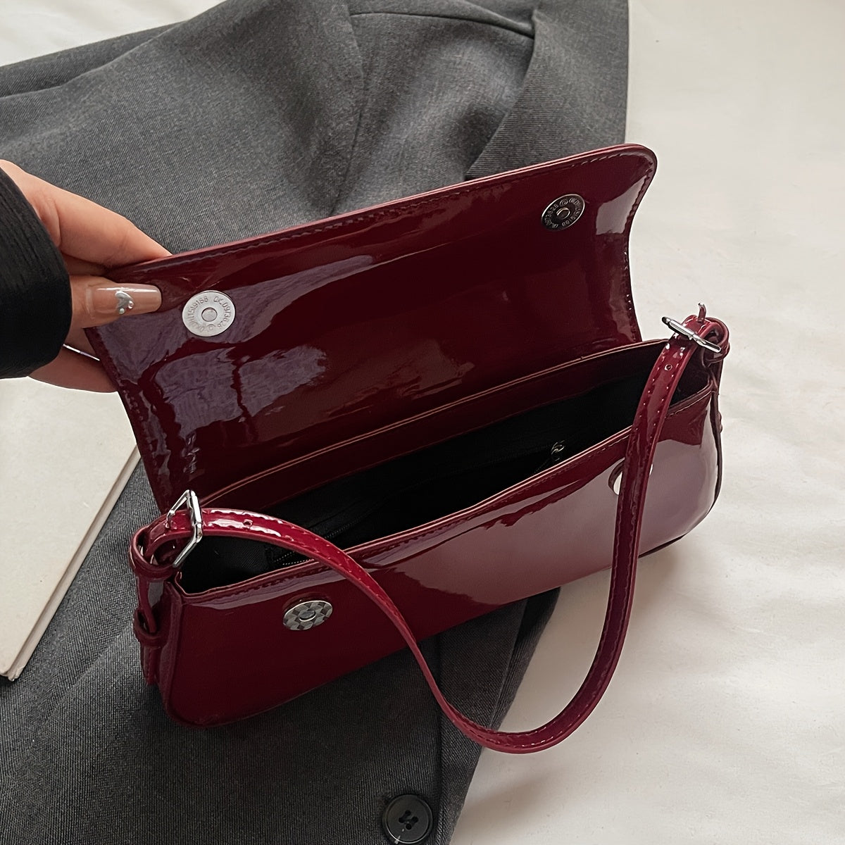 Burgundy PU Baguette Shoulder Bag - Adjustable Strap, Magnetic Closure, Two-Tone Hardware, Glossy Purse for Office & Date Night