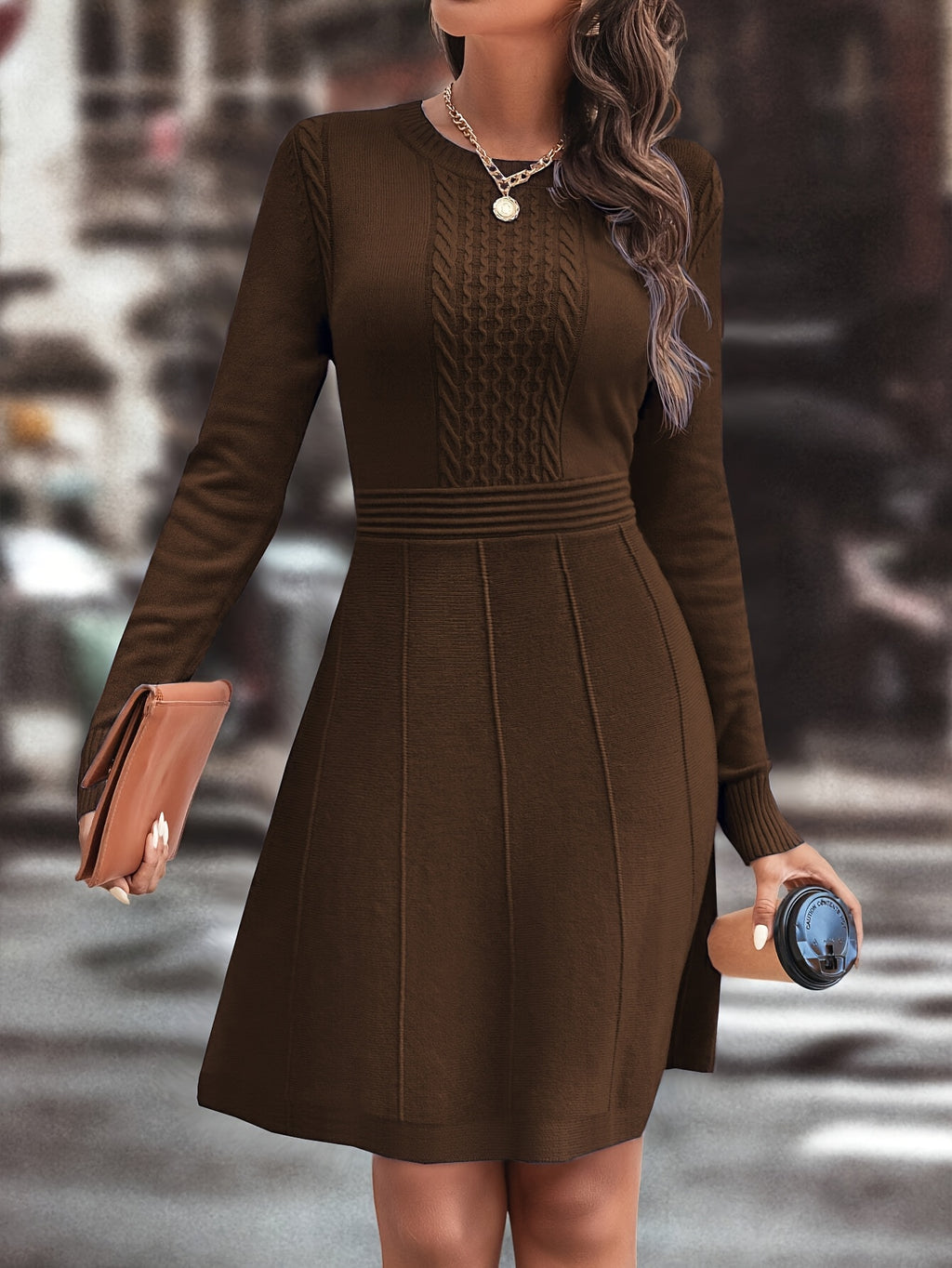 Women's Autumn/Winter Knit A-Line Dress Slim Round Neck Casual Elegant for Date & Daily Wear
