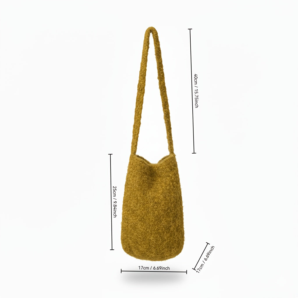 Women's Plush Velvet Crossbody Bucket Bag - Vintage Large-Capacity Soft-Touch Handbag with Fixed Strap & Buckle Closure (Golden Tan/Brown)
