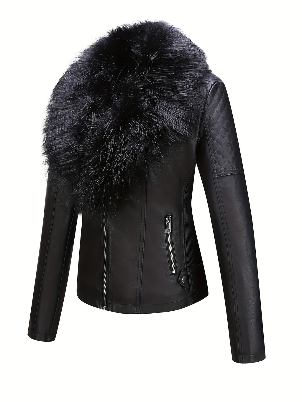 Women's Faux Leather Jacket with Removable Faux Fur Collar, Knit Panels, Zipper Front, Polyester Lined for Fall Winter