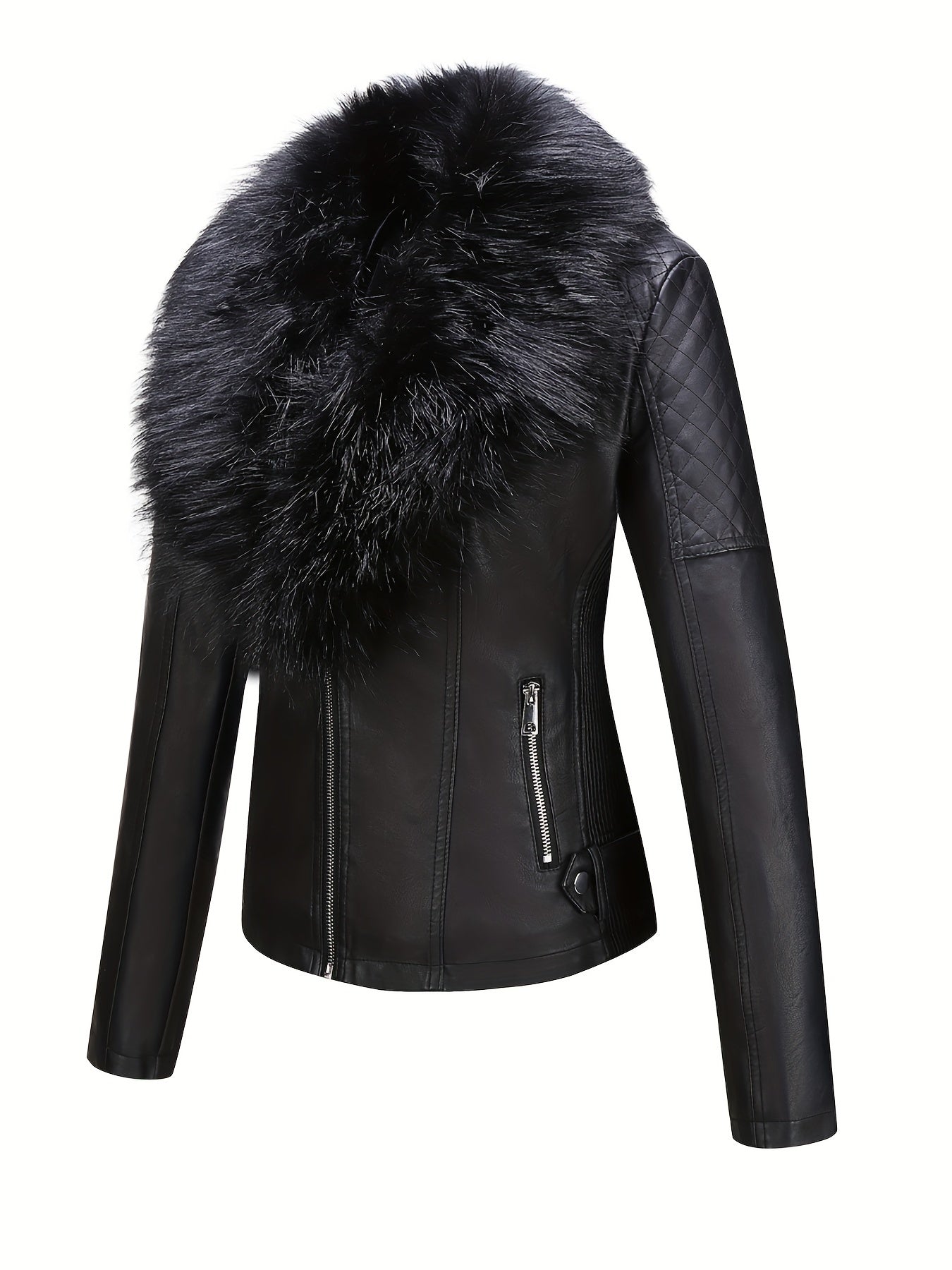 Women's Faux Leather Jacket with Removable Faux Fur Collar, Knit Panels, Zipper Front, Polyester Lined for Fall Winter