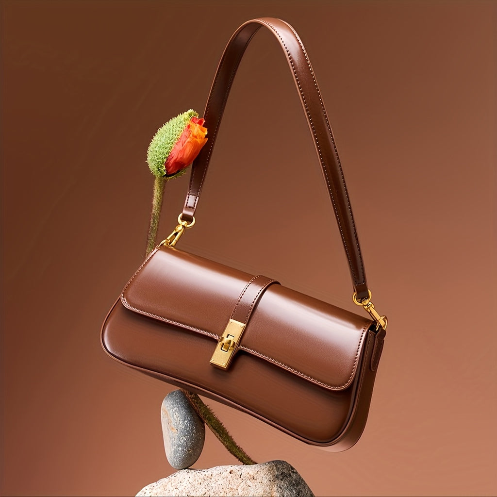 Elegant Women's Baguette Bag – Split Leather Detachable Shoulder & Crossbody with Gold Buckle (Black, Burgundy, Silvery Grey, Coffee)