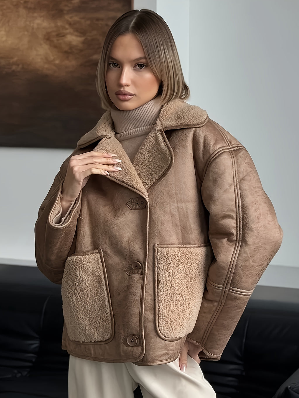 Women’s Cream Faux Fur-Lined PU Leather Jacket — Thick Winter Coat with Turtleneck, Asymmetrical Hem & Side Pockets