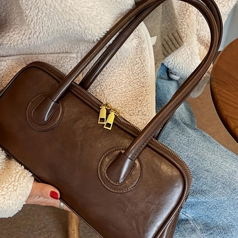 Vintage Chic PU Baguette Shoulder Bag for Women - Zipper Closure, Fixed Shoulder Strap, Spacious Underarm Handbag (Red, Green, Tan)