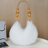 Women's Plush Faux Fur Tote & Crossbody Bag with Beaded Strap – Zipper Closure, Gold-Tone Beads, Multiple Colors