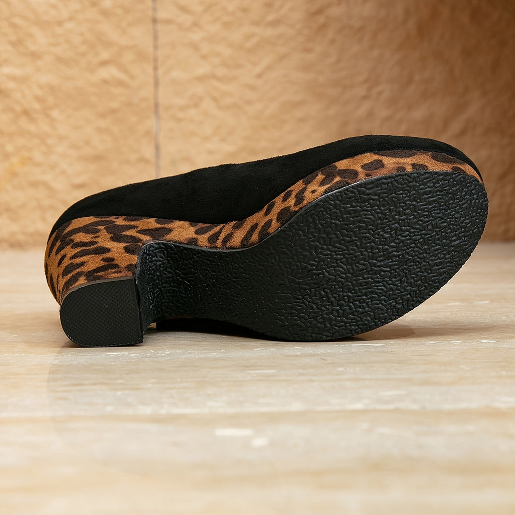 Leopard Print D'Orsay Platform Heels for Women - Block Heel Round Toe Flannel Upper