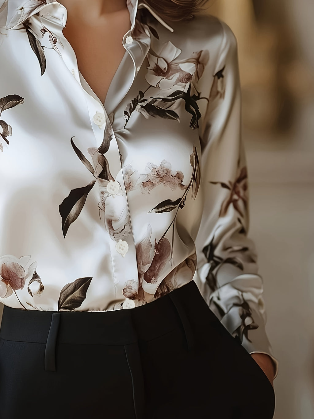 Graceful Women's Floral Print Blouse – Long Sleeve Button-Up with Classic Lapel Collar & Applique, Woven Polyester