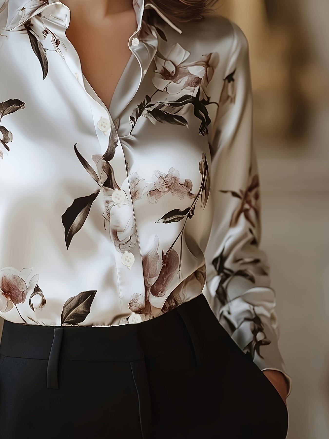 Graceful Women's Floral Print Blouse – Long Sleeve Button-Up with Classic Lapel Collar & Applique, Woven Polyester