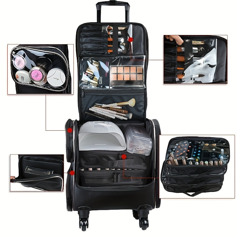 Rolling Cosmetic Case with 360° Wheels — Multi-Compartment Nylon Travel Makeup Organizer