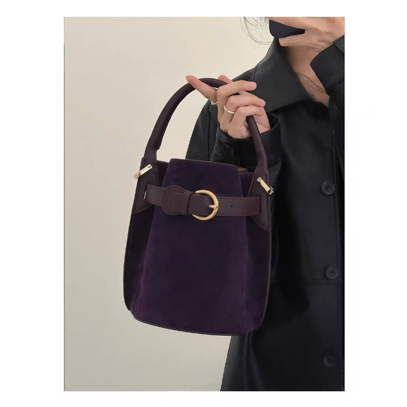 Genuine Leather Bucket Bag for Women - Convertible Handheld & Crossbody with Adjustable Strap, Drawstring Closure, Gold-Tone Hardware, Textured Luxury (Beige, Pink, Purple, Chocolate)