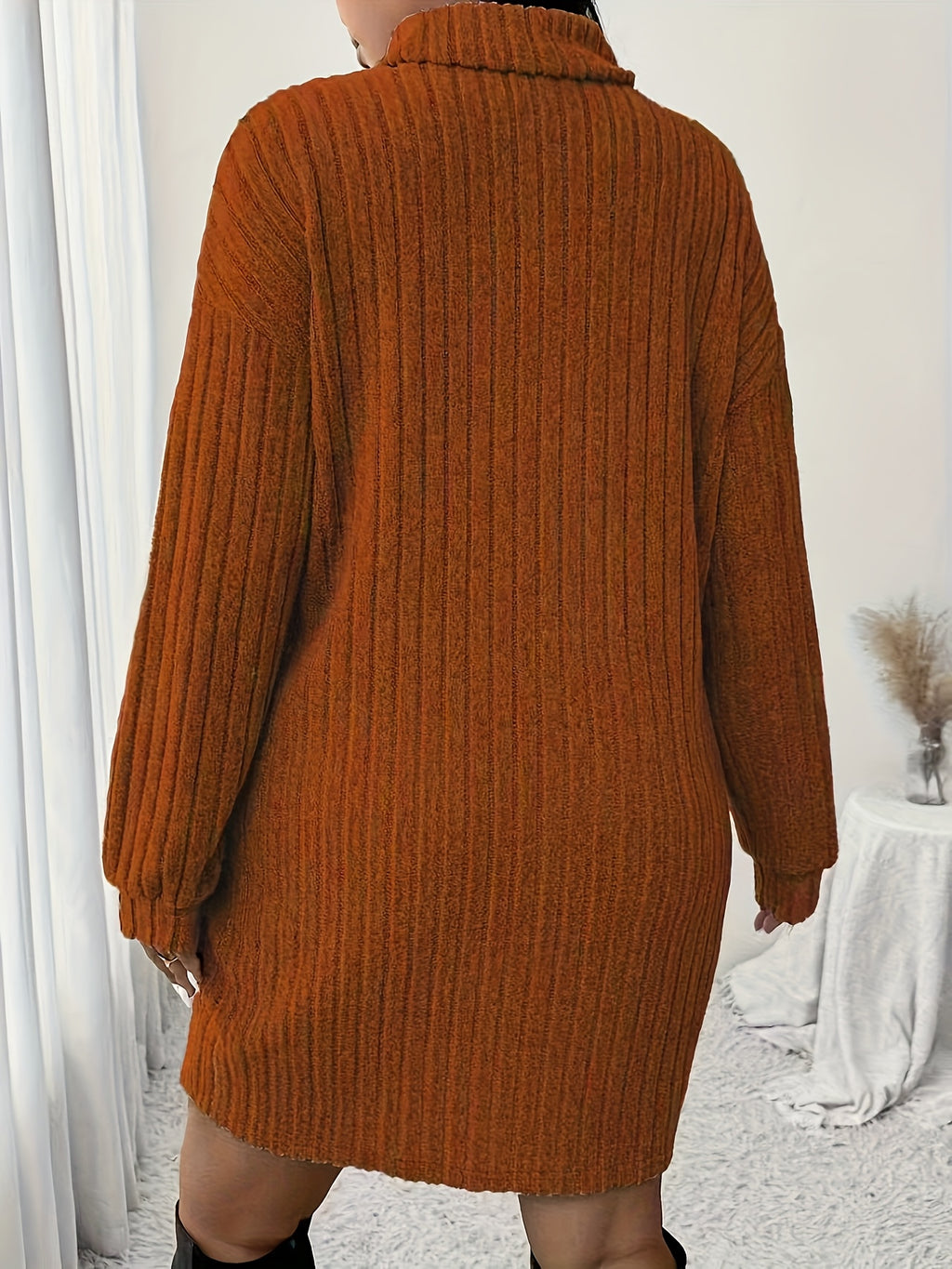 Plus Size High Neck Ribbed Knit Dress Long Sleeve Knee-Length Casual Winter Dress