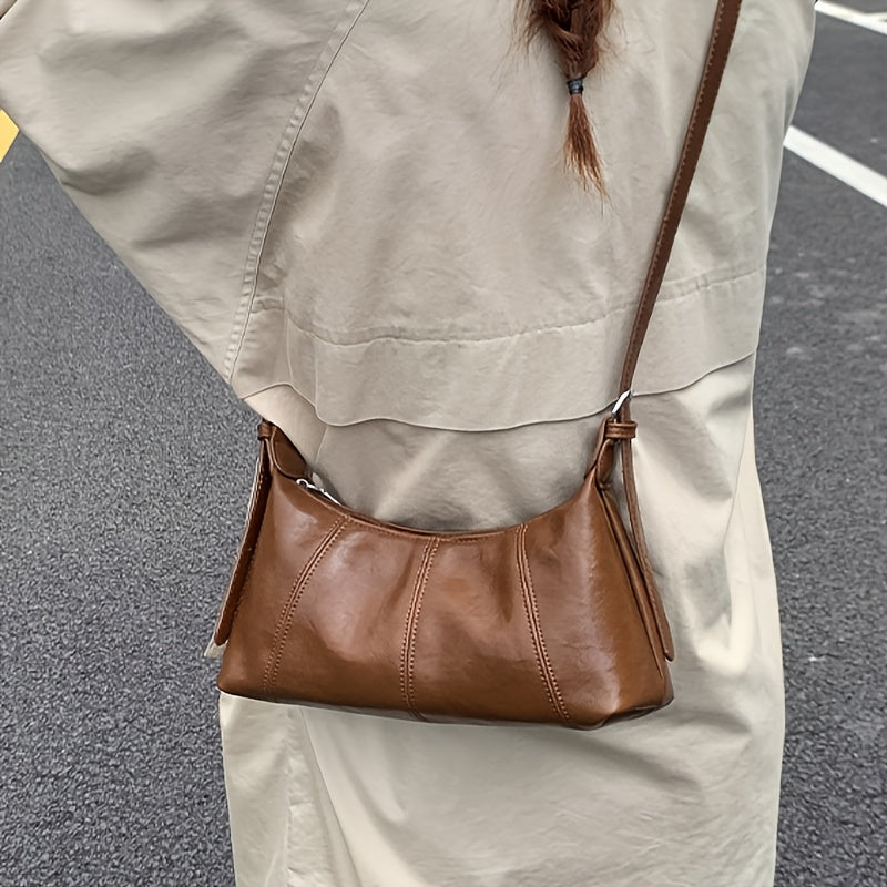 Women’s Vintage Baguette Crossbody Bag - Dark Brown, Adjustable Strap & Zipper Closure Handbag for Work & Parties