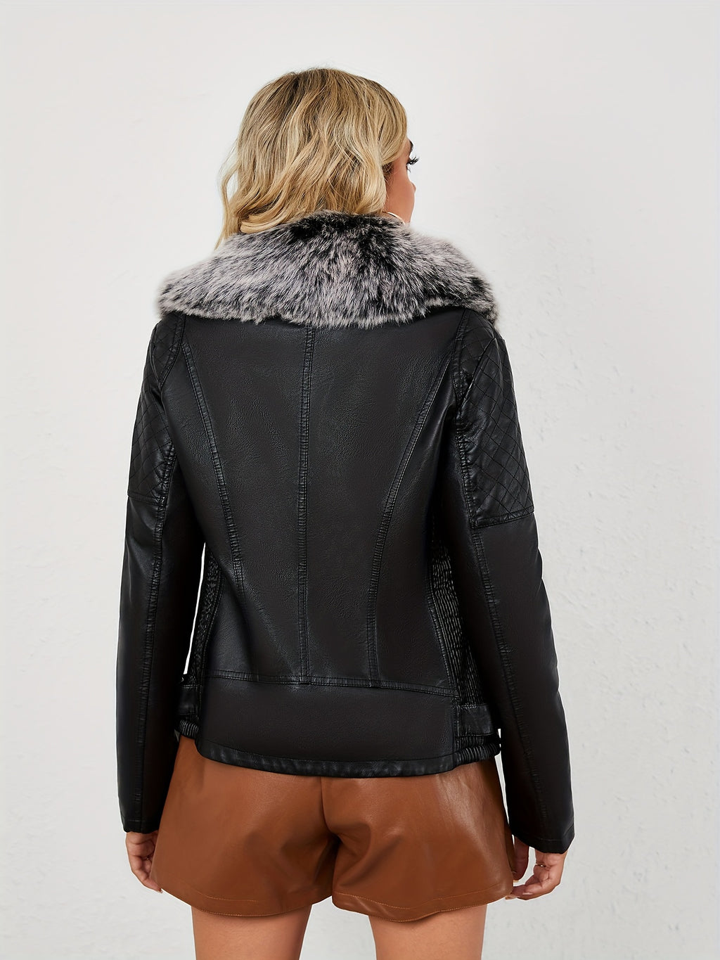 Women's Faux Leather Jacket with Removable Faux Fur Collar, Knit Panels, Zipper Front, Polyester Lined for Fall Winter