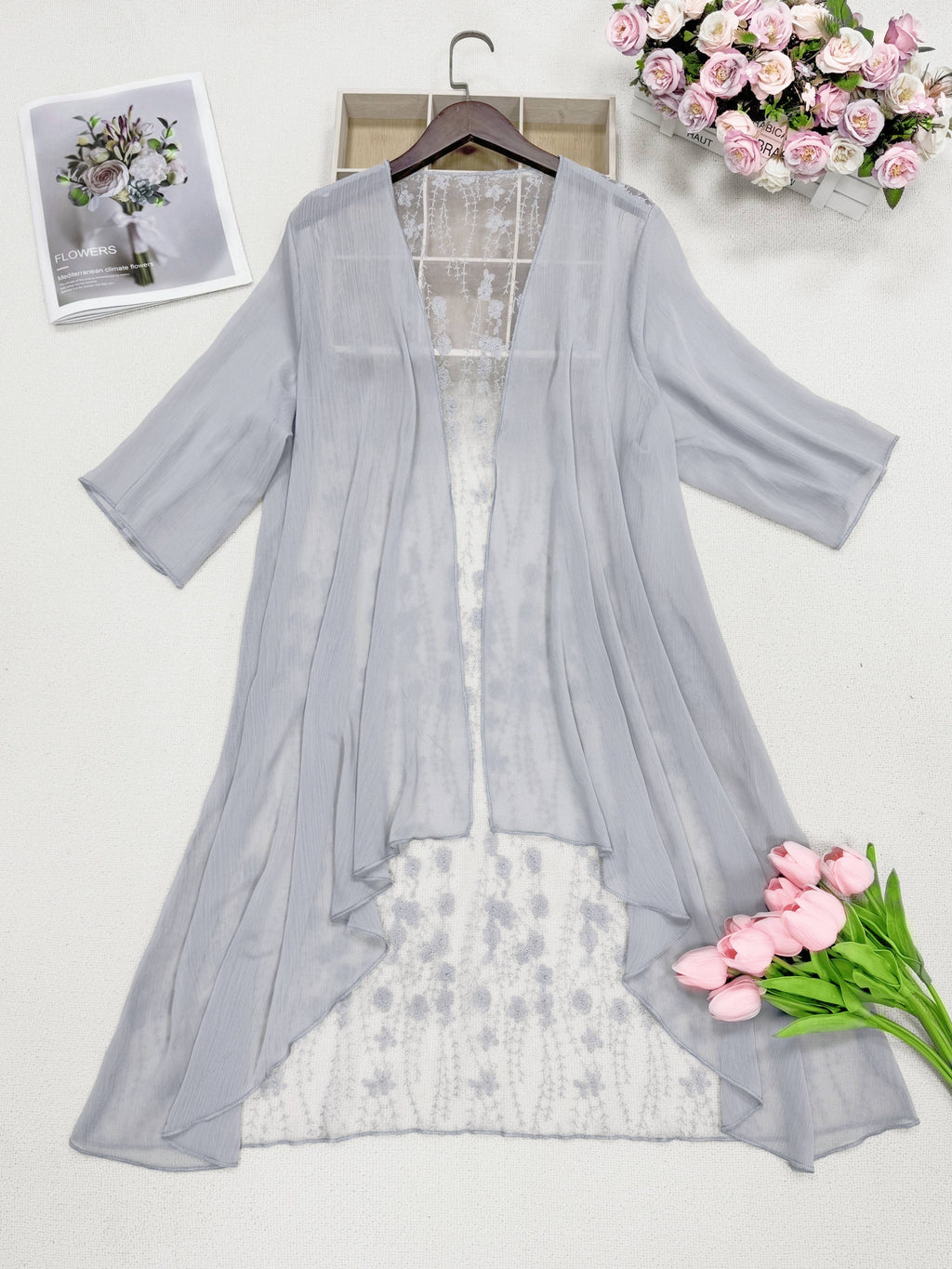 Plus Size Floral Embroidered Kimono Cardigan - Lace Trim Midi Cape, Long Sleeve Semi-Sheer