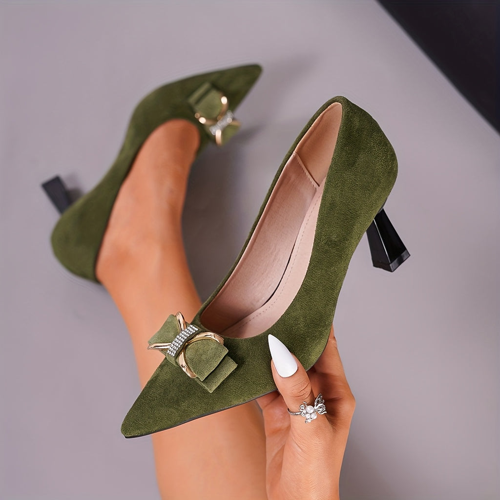 Women's Green Pointed-Toe D'Orsay High Heels with Bow - 2.95 in (7.5 cm) Flared Heel, PU Lining & Rubber Sole, Party & Evening Shoes