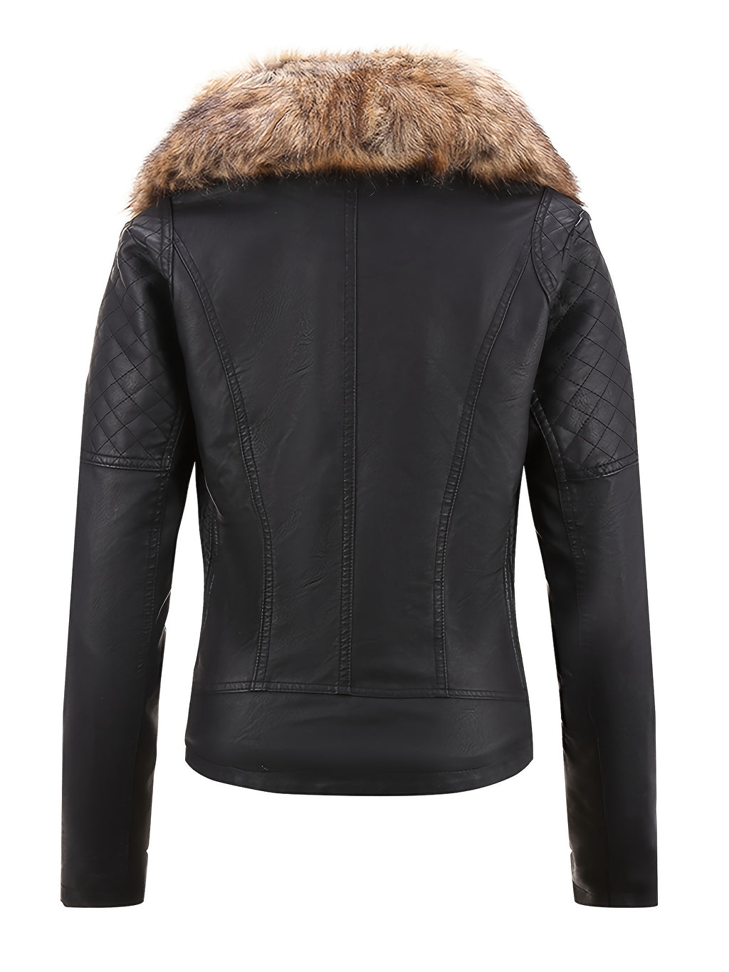 Women's Retro Faux Leather Motorcycle Jacket with Detachable Large Fur Collar - Fall/Winter