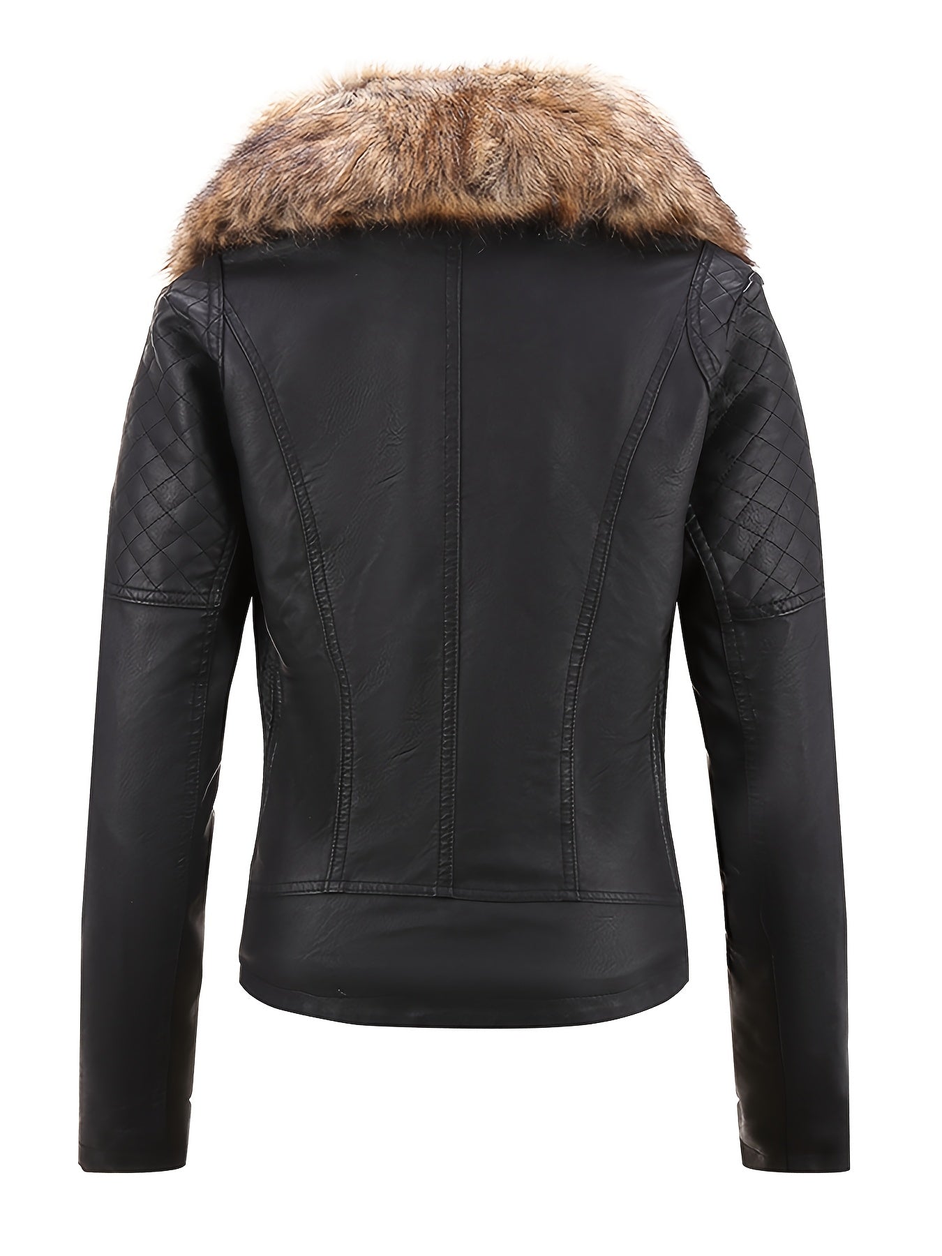 Women's Retro Faux Leather Motorcycle Jacket with Detachable Large Fur Collar - Fall/Winter
