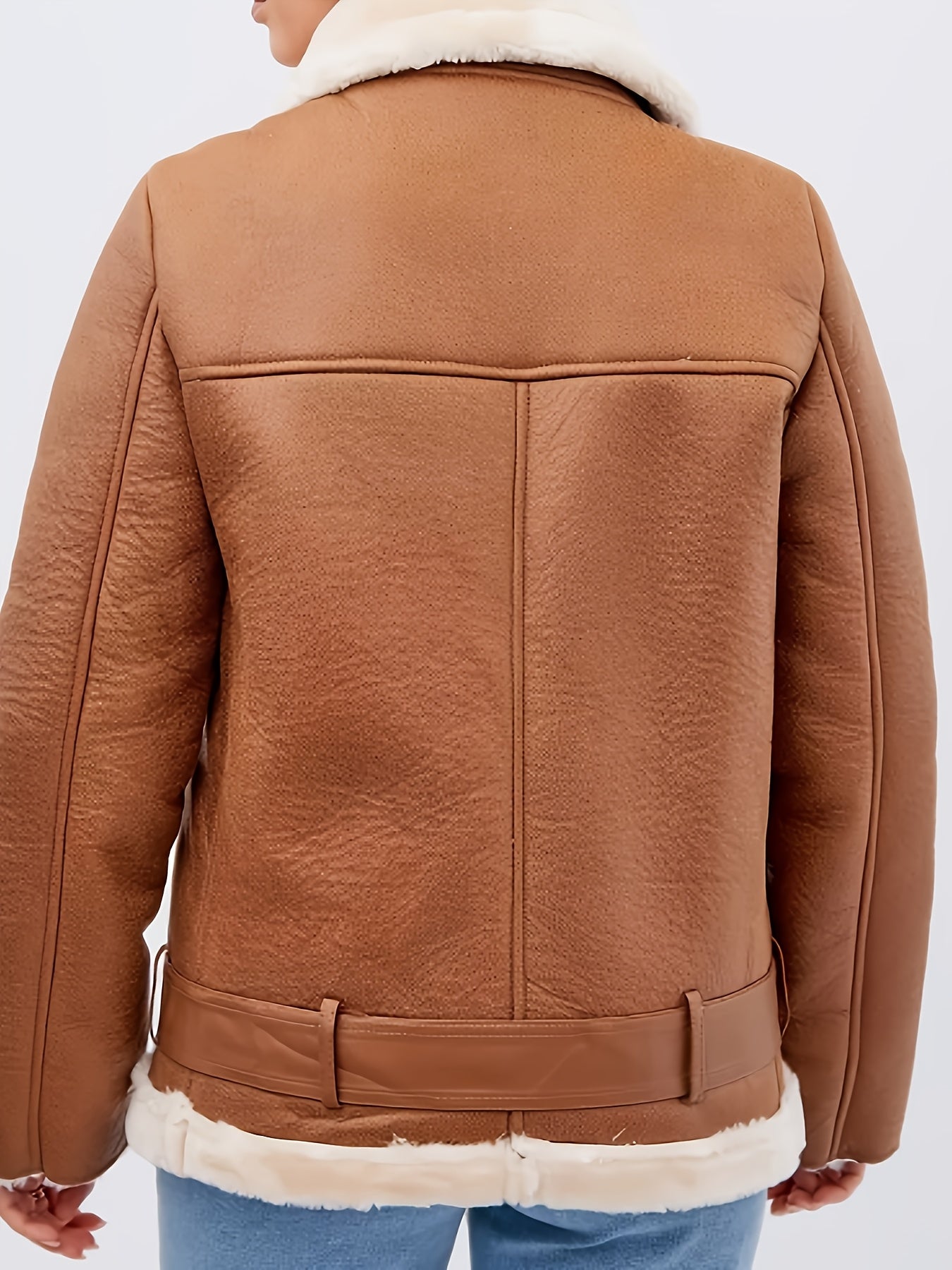 Women's Brown Faux Fur Motorcycle Jacket – Belted Zipper Jacket with Goldtone Hardware & Side Pockets