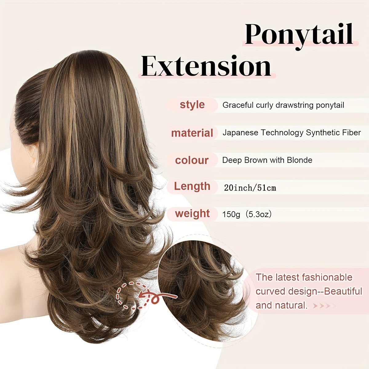 20-Inch (50 cm) Curly Wavy Drawstring Clip-On Ponytail Extension for Women