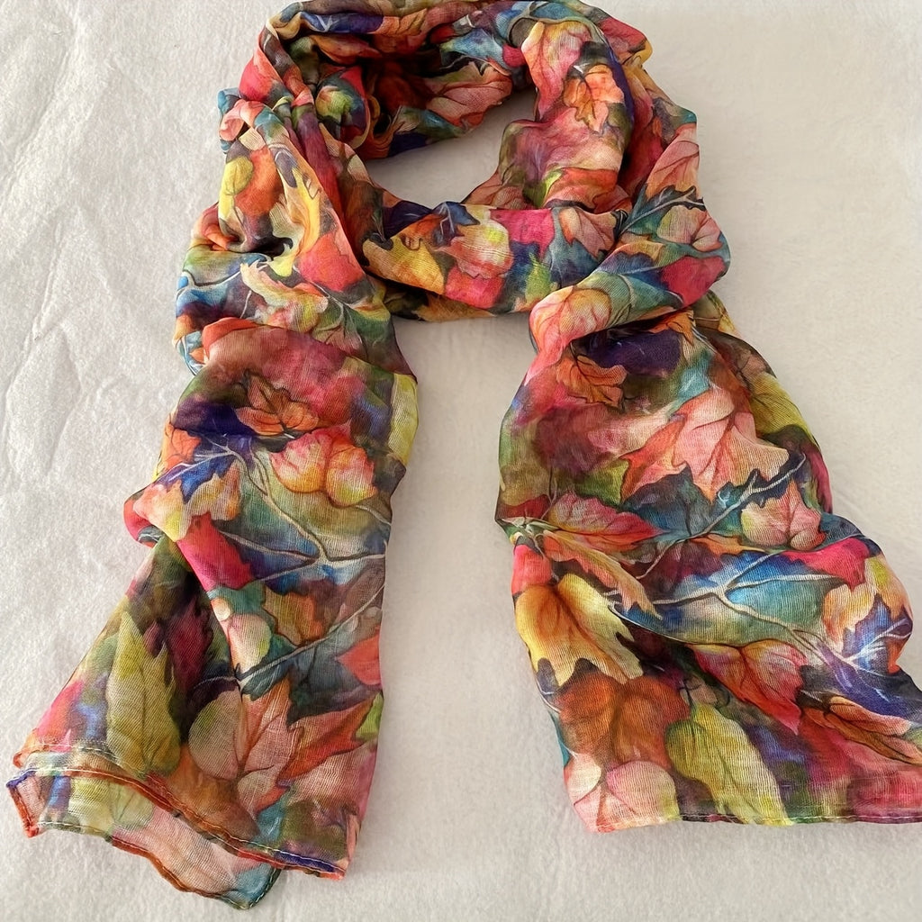 Autumn Maple Leaf Scarf for Women – Lightweight Bali Yarn Shawl, Multicolor Fall Print