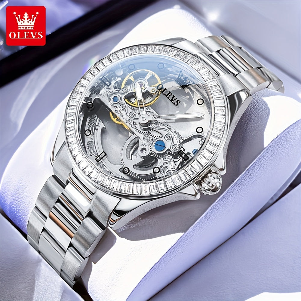 OLEVS Women's Luxury Automatic Skeleton Mechanical Watch – Stainless Steel Case, Faux Leather Strap, Luminescent Hands