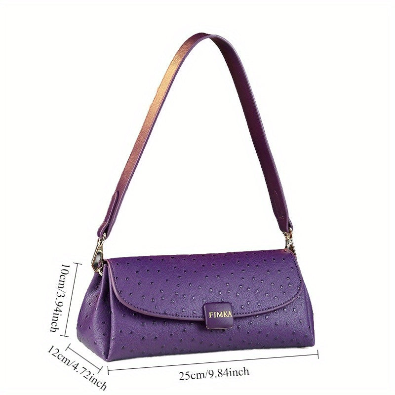 Purple Ostrich-Pattern Split Leather Baguette Bag – Vintage Women's Handbag with Removable Strap