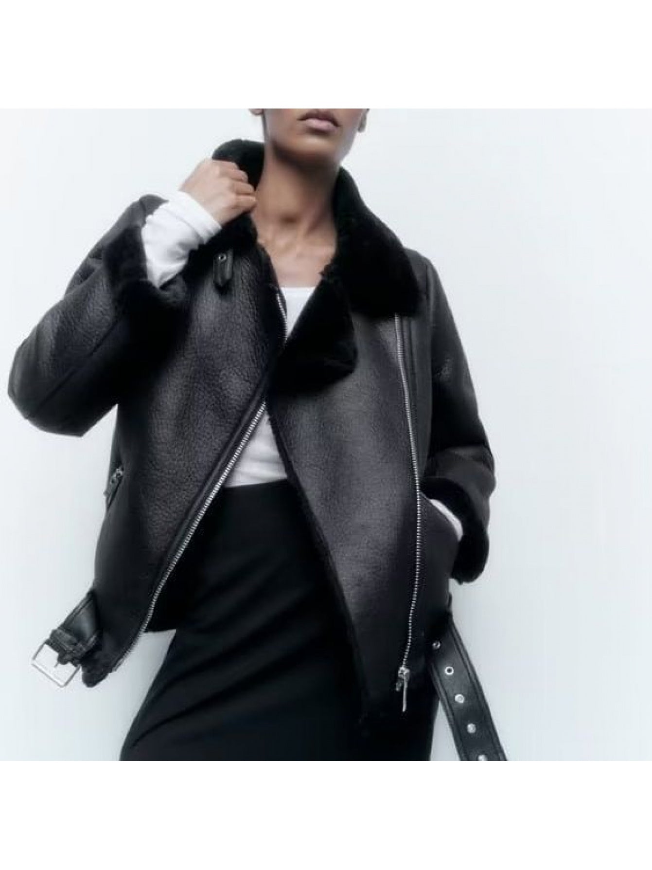 Women's PU Leather Jacket with Faux Fur Collar — Double-Sided Full-Zip Black Coat, Detachable Sleeves, Spring/Fall Casual & Formal Outerwear