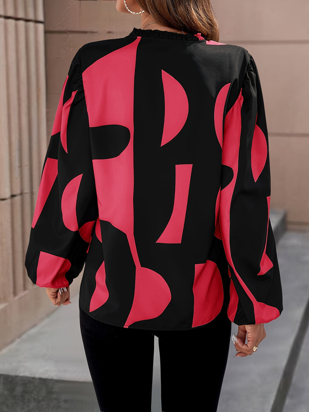 Elegant Black & Red Color Block Puff Sleeve Blouse for Women - Opaque Machine-Washable Spring/Fall Top