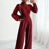 Women's Ribbed Long-Sleeve Jumpsuit - Relaxed Loose Fit with Mandarin Collar, All-Season Casual