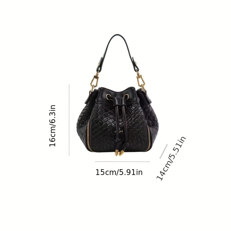 Genuine Leather Crossbody Bucket Bag - Drawstring Purse with Gold-Tone Hardware, Black & White, Elegant Everyday to Formal Handbag