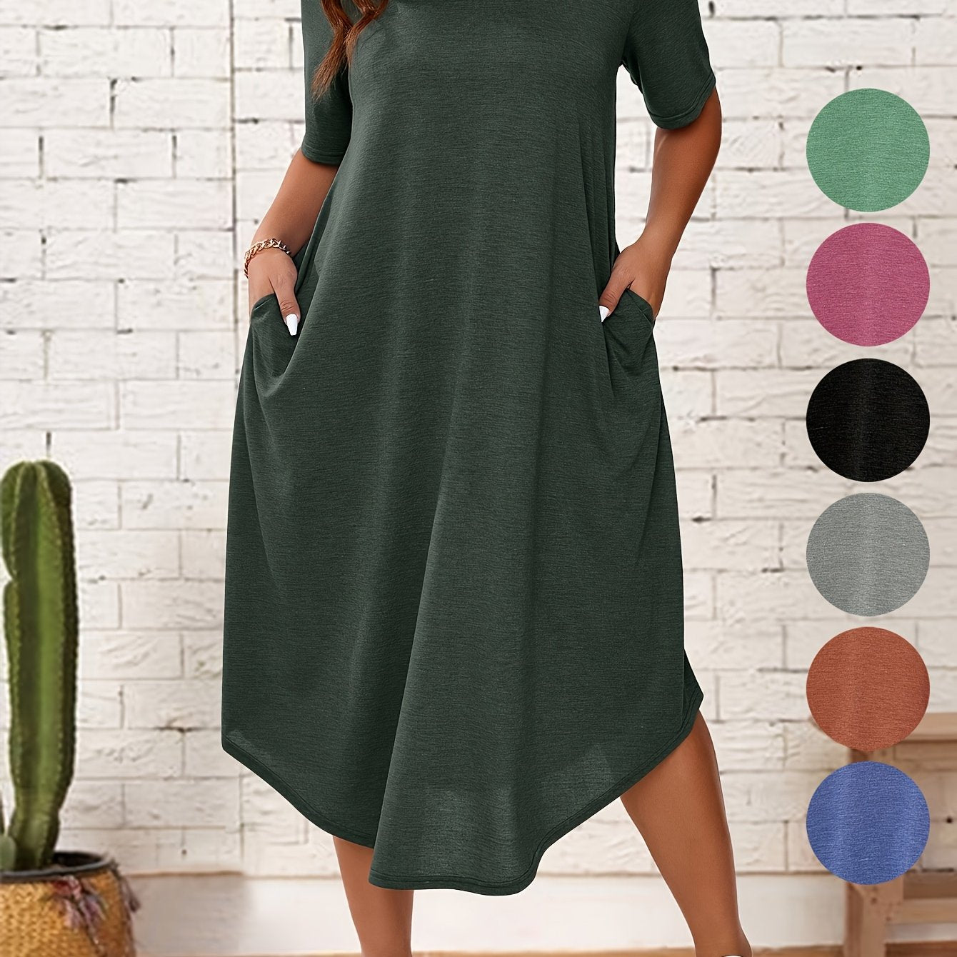 Plus Size Solid Crew Neck Tunic Dress - Casual Short Sleeve Summer Dress for Women