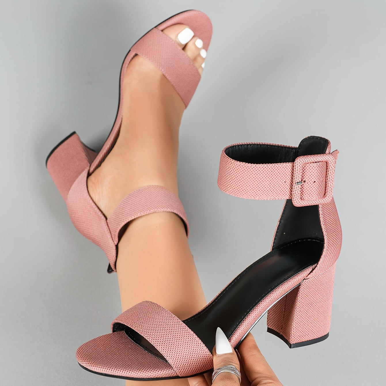 Lightweight Breathable Women's Knit Heeled Sandals - Minimalist Open Toe Block Heel with Adjustable Ankle Strap, 11 Colors