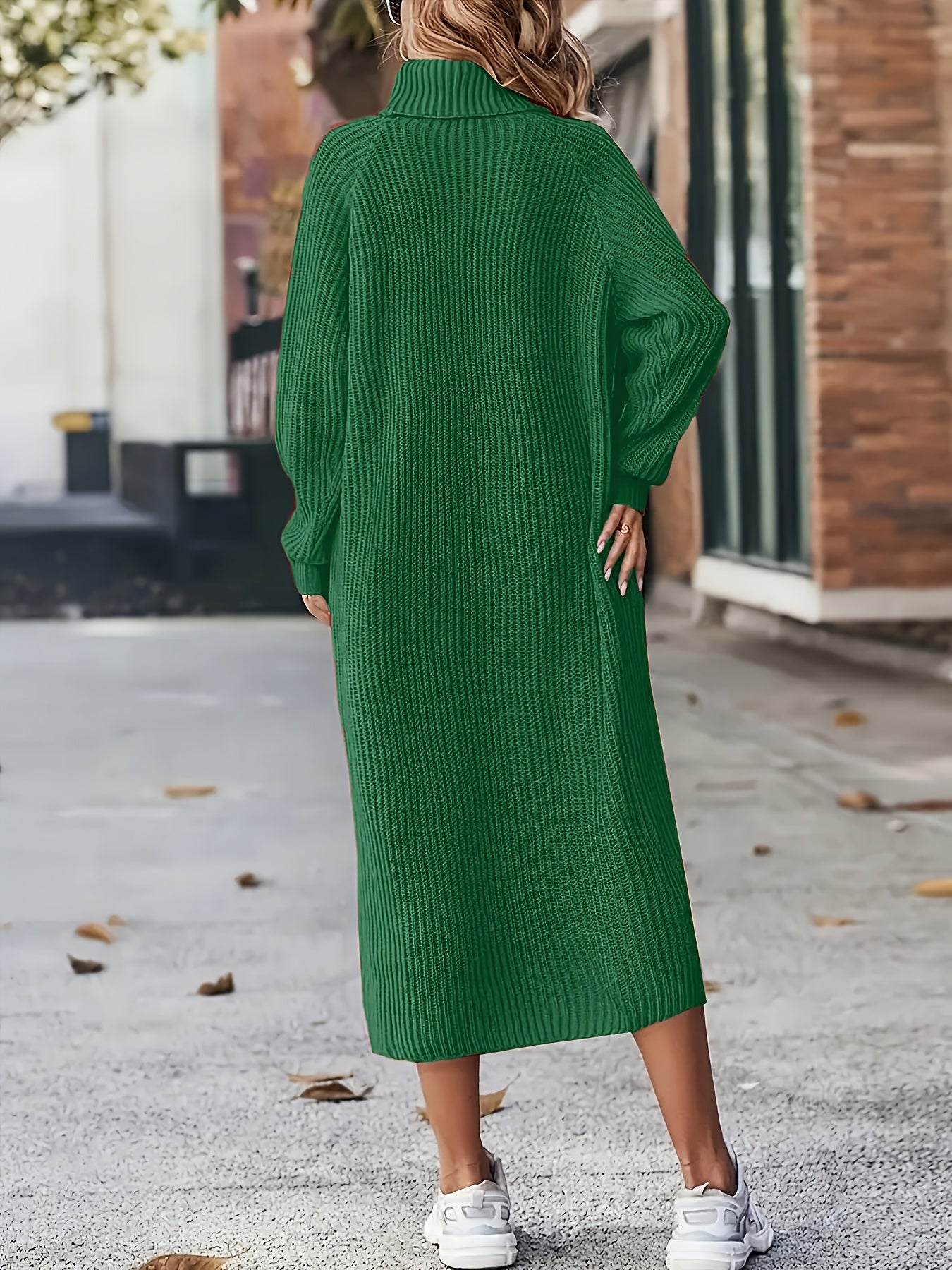 Plus Size Rib-Knit Sweater Dress — Polyester High Neck Long Sleeve Raglan Pullover, Solid Color