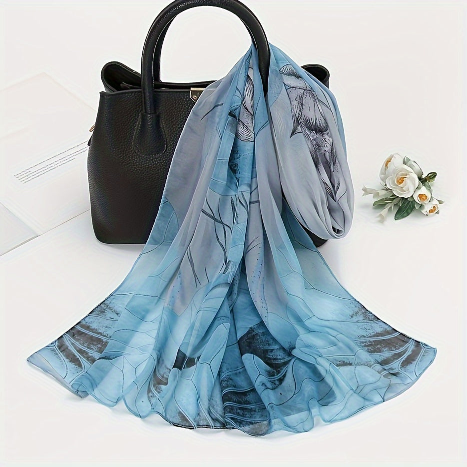 Large Lotus Print Chiffon Scarf, Lightweight Floral Shawl for Women, Breathable Beach Wrap & Travel Headscarf