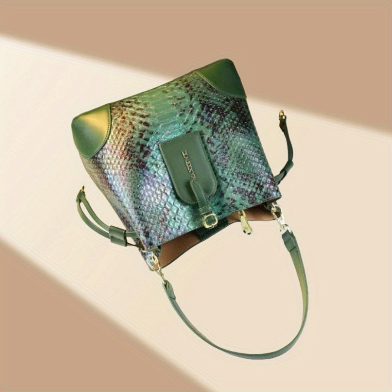 Women's Snake-Print Split Leather Crossbody Bucket Bag - Large Capacity, Adjustable Strap & Buckle Closure (Red, Khaki, Yellow, Blue, Green)