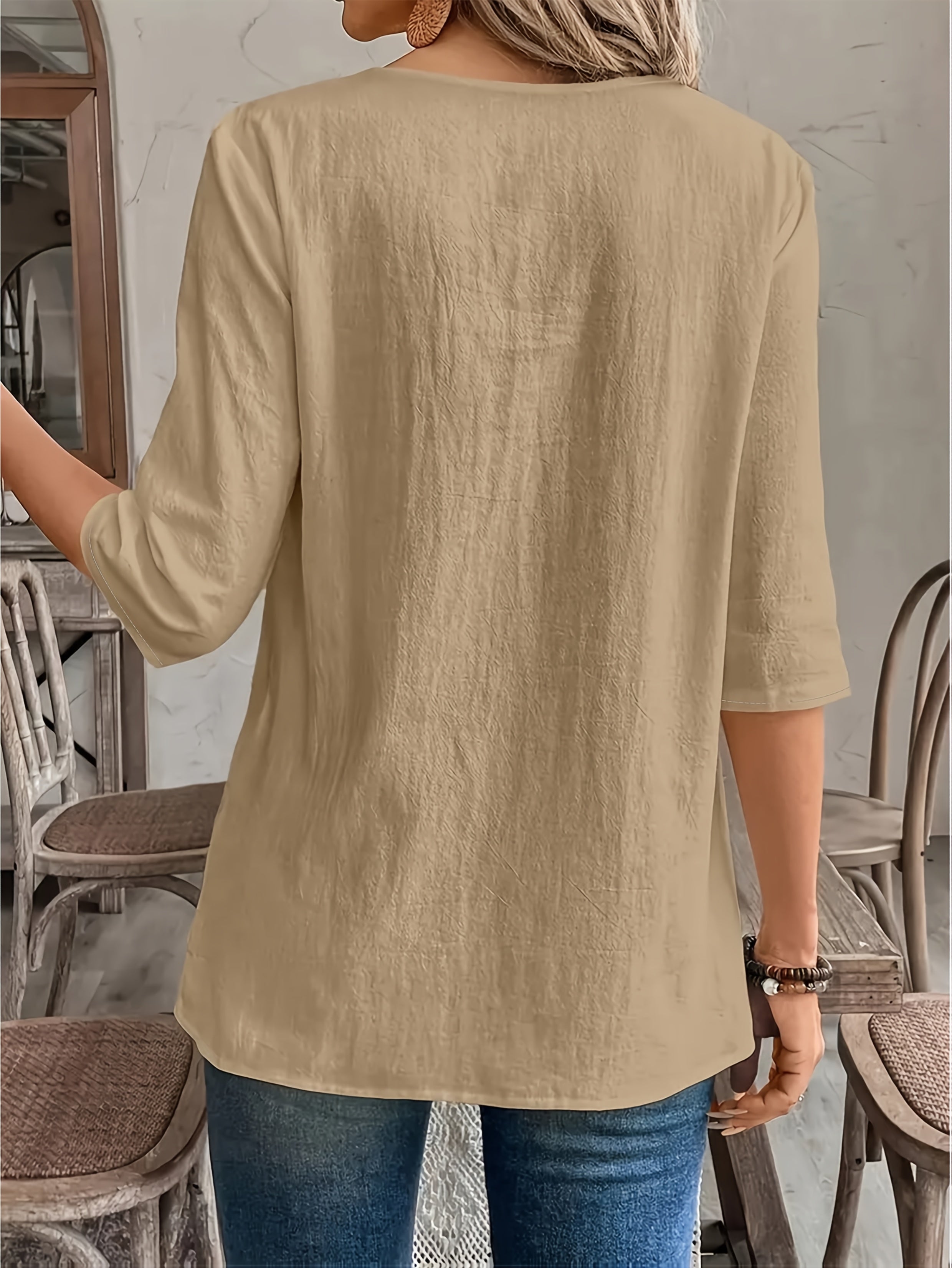 Women's Blue Asymmetrical Hem 3/4 Sleeve Top – Round Neck Pullover Blouse, Regular Fit, All-Season Casual