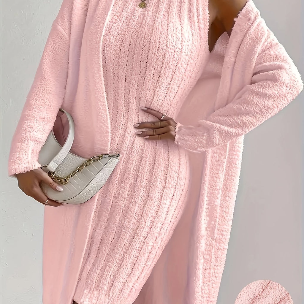 Plus Size Cozy Teddy Bear Sweater Dress & Strapless Cardigan Set - Red Ribbed Knit Two-Piece for Fall/Winter